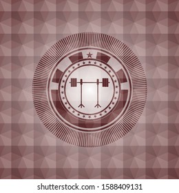 barbell on rack icon inside red seamless emblem with geometric pattern background.