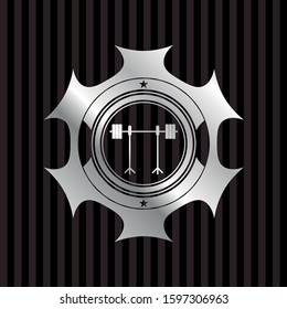barbell on rack icon inside silver emblem or badge