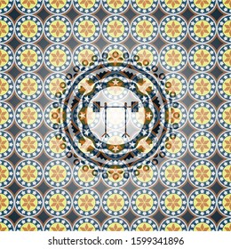 barbell on rack icon inside arabic emblem. Arabesque decoration.