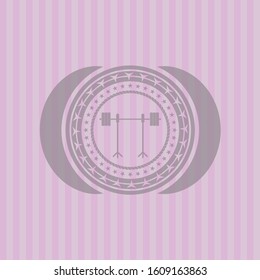 barbell on rack icon inside pink emblem. Retro