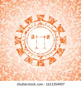 barbell on rack icon inside orange mosaic emblem with background