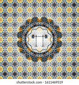 barbell on rack icon inside arabesque badge. arabic decoration.