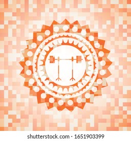 barbell on rack icon inside abstract orange mosaic emblem