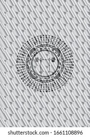 barbell on rack icon inside silver shiny badge. Scales pattern. Vector Illustration. Detailed.