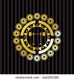 barbell on rack icon inside gold badge or emblem