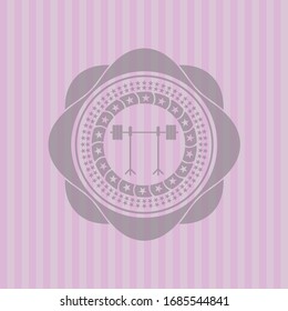 barbell on rack icon inside pink emblem. Retro