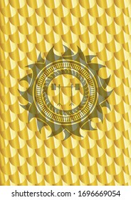 barbell on rack icon inside golden badge. Scales pattern. Vector Illustration. Detailed.