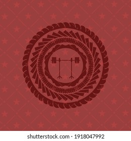 barbell on rack icon inside red emblem. Vintage.. 