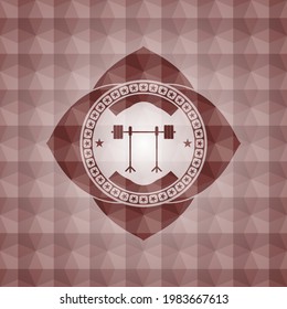 barbell on rack icon inside red badge with geometric pattern. Seamless. 
