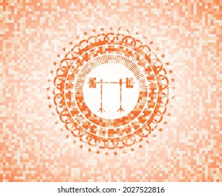 icono de barbell en cremallera dentro del emblema de mosaico naranja con fondo. 