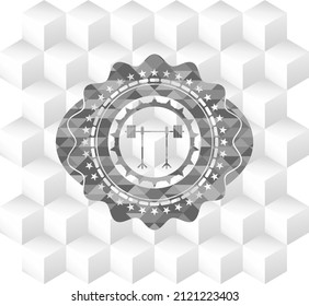 barbell on rack icon inside grey emblem. Vintage with geometric cube white background. 