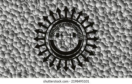 barbell on rack icon inside black emblem with bubbles background. Vector Illustration. Detailed. 
