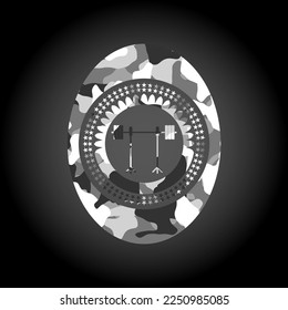 barbell on rack icon inside grey camouflage texture. 