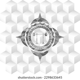 icono de barbería en cremallera dentro del emblema gris con fondo blanco cubo geométrico. 