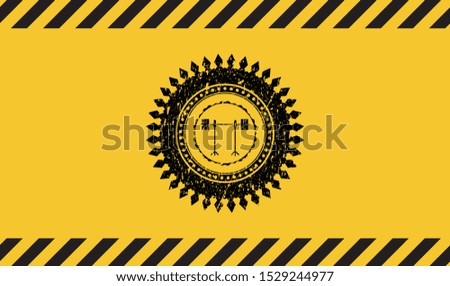 barbell on rack icon inside warning sign, black grunge emblem. Vector Illustration. Detailed.