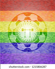 barbell on rack icon on mosaic background with the colors of the LGBT flag