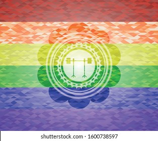 barbell on rack icon on mosaic background with the colors of the LGBT flag