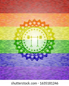 barbell on rack icon on mosaic background with the colors of the LGBT flag