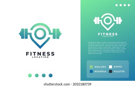 Barbell and Pin Location Logo Combination. Point Fitness Gym Logo Design Template Element