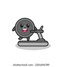 barbell plate cartoon character walking on the treadmill , cute design
