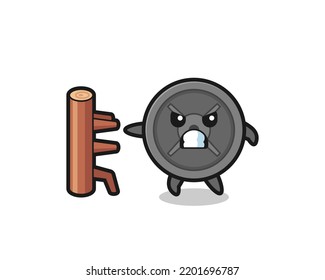 barbell plate cartoon illustration as a karate fighter , cute design