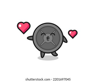 barbell plate character cartoon with kissing gesture , cute design