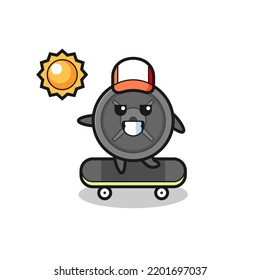 barbell plate character illustration ride a skateboard , cute design