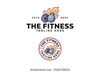 placa de barbell com kettlebell, fogo colorido emblema logotipo design definido para ginásio fitness sport. kettlebell, placa de barbell com flame ilustração logotipo modelo para musculação, halterofilismo clube 