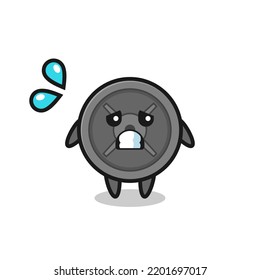 barbell plate mascot character with afraid gesture , cute design