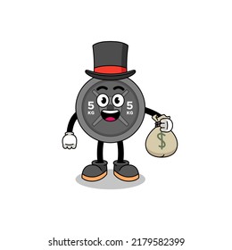 barbell plate mascot illustration rich man holding a money sack , character design