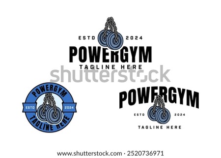 barbell plates hung with chains colorful badge logo design set for gym fitness sport and competition.  barbell plates with chains illustration logo template for bodybuilding, weightlifting club 
