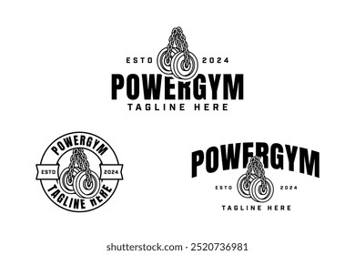 barbell placas penduradas com correntes esboço distintivo logotipo design definido para ginásio fitness esporte e competição. 