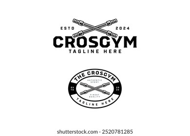 barbell power bar crossed outline badge logo design set for gym fitness sport and competition. olympic bar crossed with wings illustration modern logo template for bodybuilding, weightlifting club  