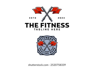 barbell power bar with flags crossed colorful badge logo design set for gym fitness sport and competition.  olympic bar with flag illustration logo template for bodybuilding, weightlifting club 