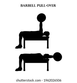 Barbell pull-over exercise workout vector illustration silhouette on the white background. Vector illustration