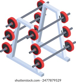 A barbell rack with multiple barbells featuring red and black weight plates. Perfect for fitness and gym-related designs, promotional materials, websites, and educational content.