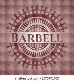 Barbell red emblem or badge with abstract geometric polygonal pattern background. Seamless.