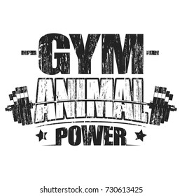 Barbell sport t-shirt. Animal power tee. Weightlifting equipment. Fitness fashion design, Gym grunge emblem. Vector illustration