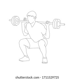 Barbell Squat excercise workout black outline on white background Weightlifting, bodybuilding : Logo modern concept vector