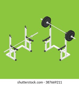 Barbell squat stand. Power rack. Holder bench for barbell. Isometric vector illustration