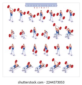 Barbell Training Bodybuilding Exercises set. Best barbell exercises for building big and beautiful muscles in gym. Healthy and active lifestyle. Isometric icons on isolated background