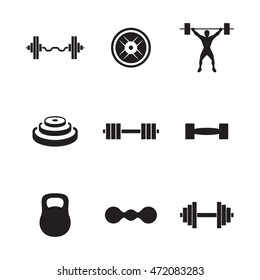 Iconos vectoriales de Barbell. Conjunto de ilustraciones simples de 9 elementos de barbell, iconos editables, se pueden utilizar en el logotipo, la interfaz de usuario y el diseño web