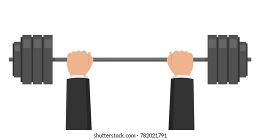 Barbell weight. Hands businessman lifted barbell weight. Weightlifting training. Vector illustration.