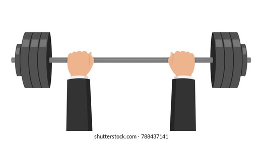 Barbell weight. Hands businessman lifted barbell weight. Weightlifting training. Vector illustration.