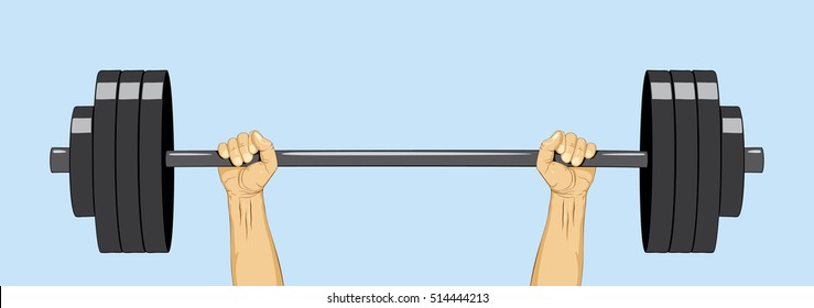 Barbell weight. Hands lifted barbell weight. Weightlifting training. Strength symbol. Vector illustration