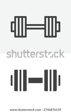 Barbell weightlifting icon set for strength workout training. Line outline and solid icon versions with editable stroke. Vector sign and symbol for gym barbell fitness equipment icon.