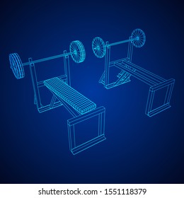 Barbell with weights. Gym equipment. Bodybuilding, powerlifting, fitness concept. Wireframe low poly mesh vector illustration.
