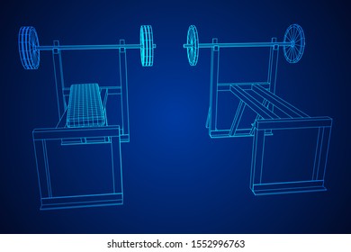 Barbell with weights. Gym equipment. Bodybuilding, powerlifting, fitness concept. Wireframe low poly mesh vector illustration.