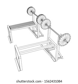 Barbell with weights. Gym equipment. Bodybuilding, powerlifting, fitness concept. Wireframe low poly mesh vector illustration.