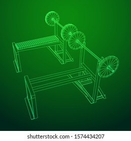 Barbell with weights. Gym equipment. Bodybuilding, powerlifting, fitness concept. Wireframe low poly mesh vector illustration.